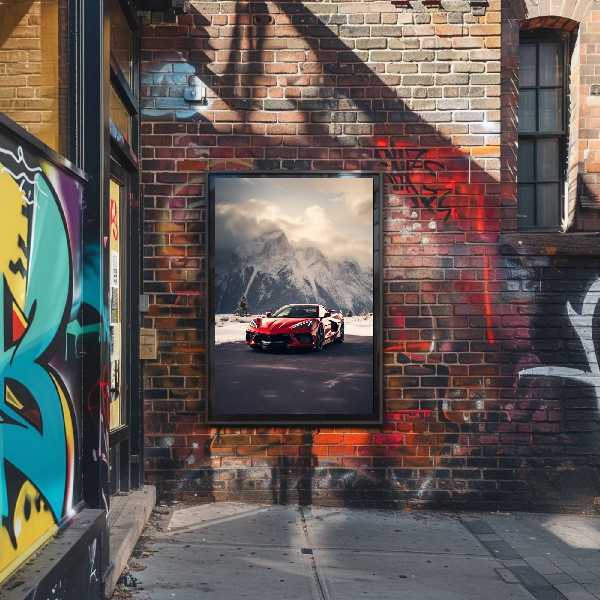 Sleek Red Sports Car in Alpine Landscape Poster PosterGoat