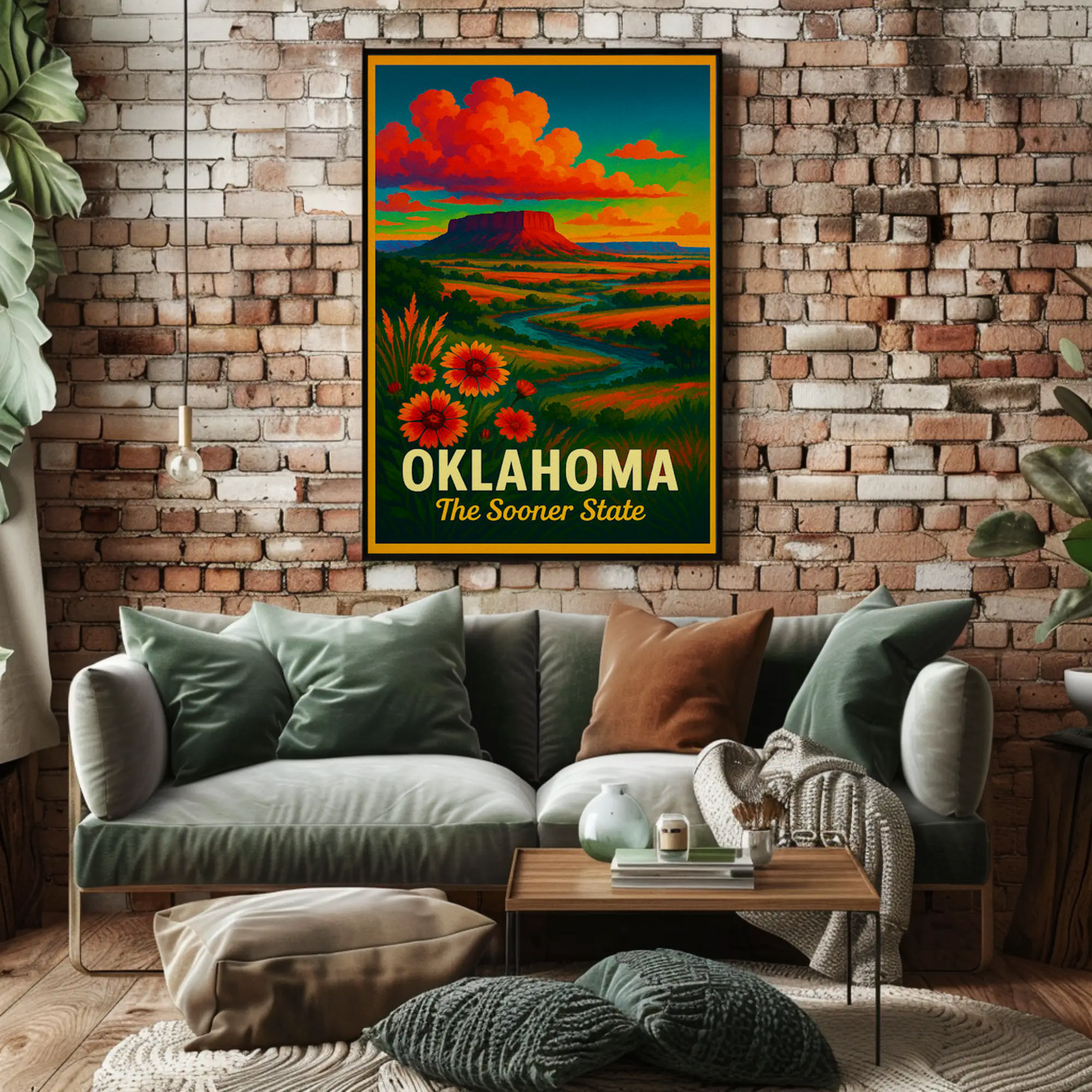 Oklahoma Sooner State Wildflowers Sunset Prairie Travel Poster