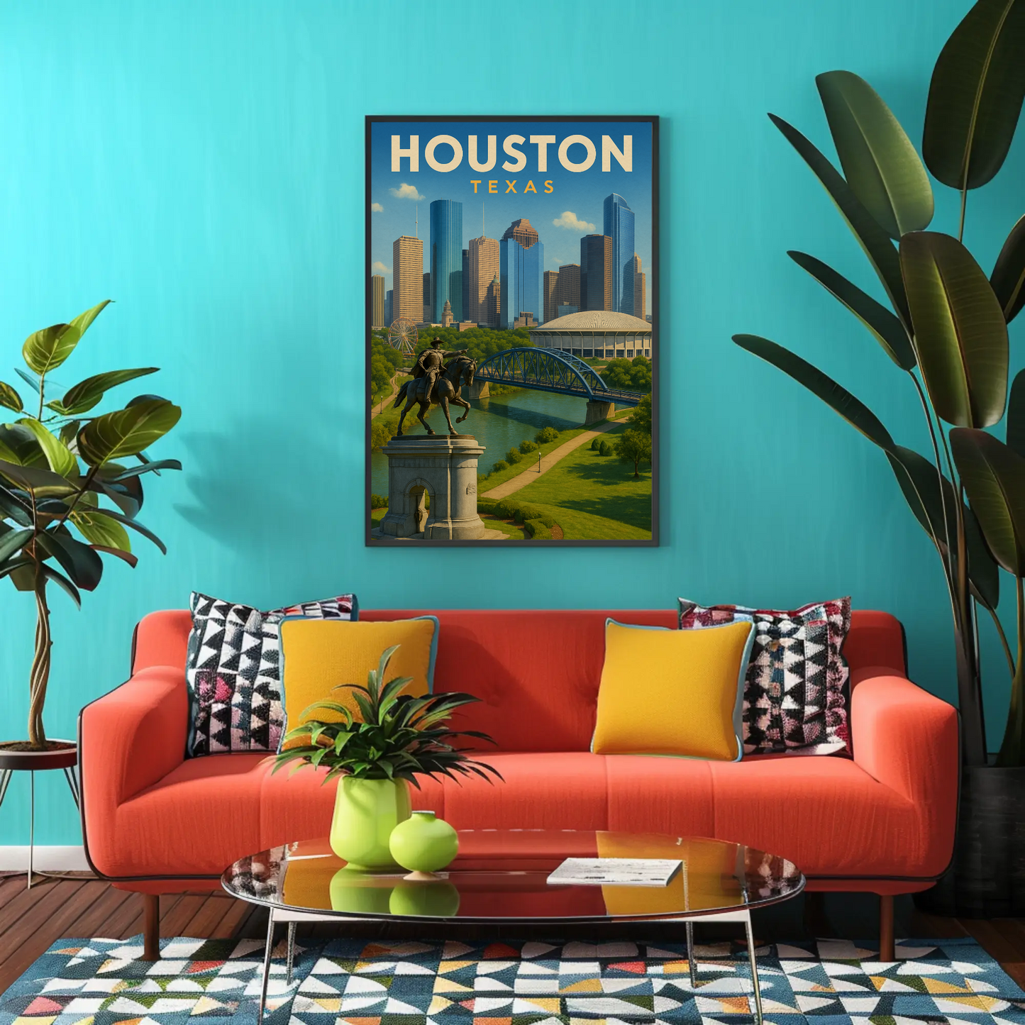 Houston Texas Skyline River Monument Vintage Travel Poster