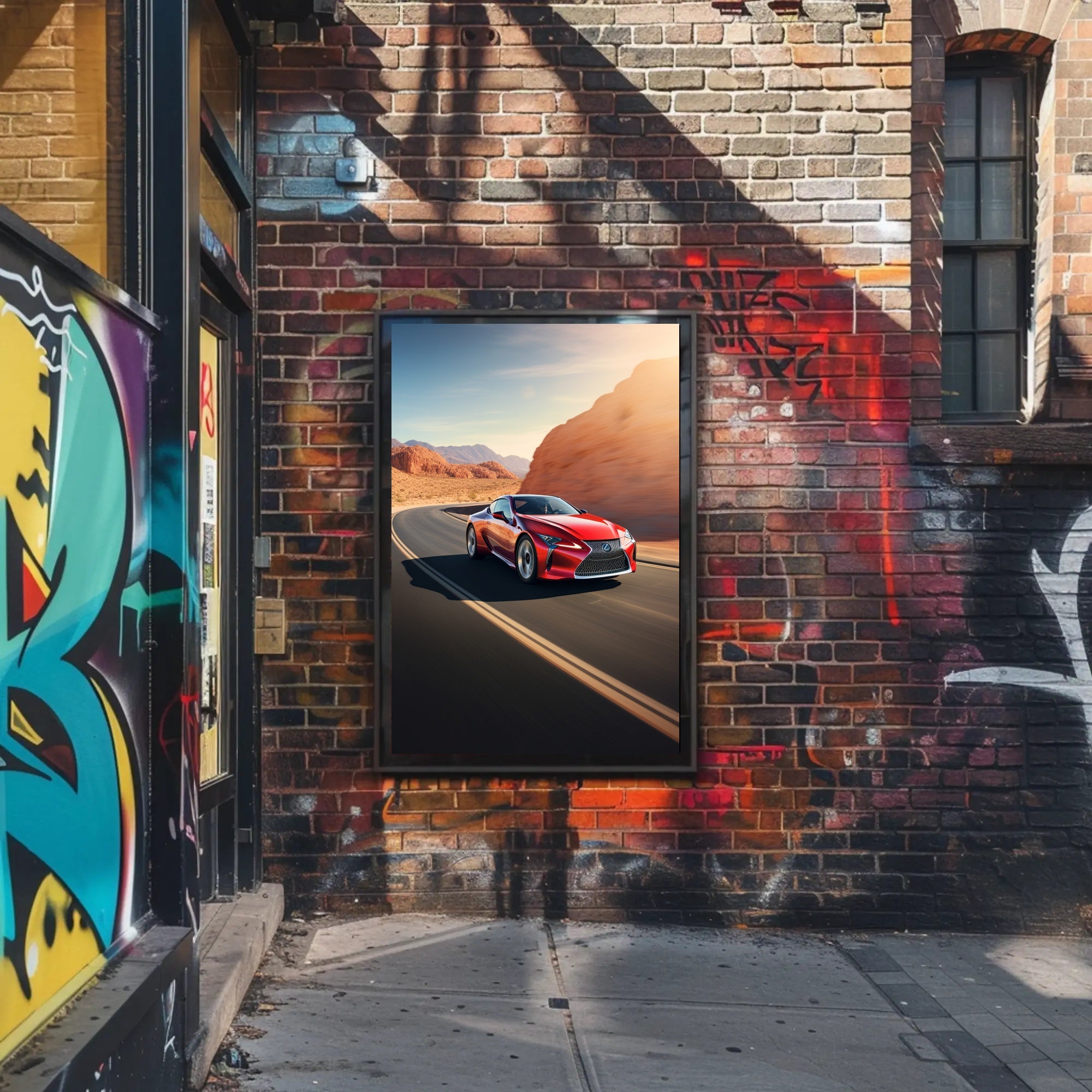 Sleek Red Sports Car on Desert Highway Poster PosterGoat