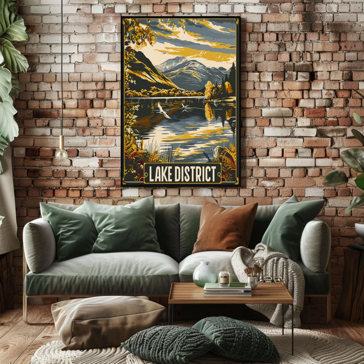 Lake District Golden Mountains Waterfowl Scene Travel Poster