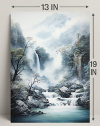 Tranquil Waterfall In Misty Mountains Poster