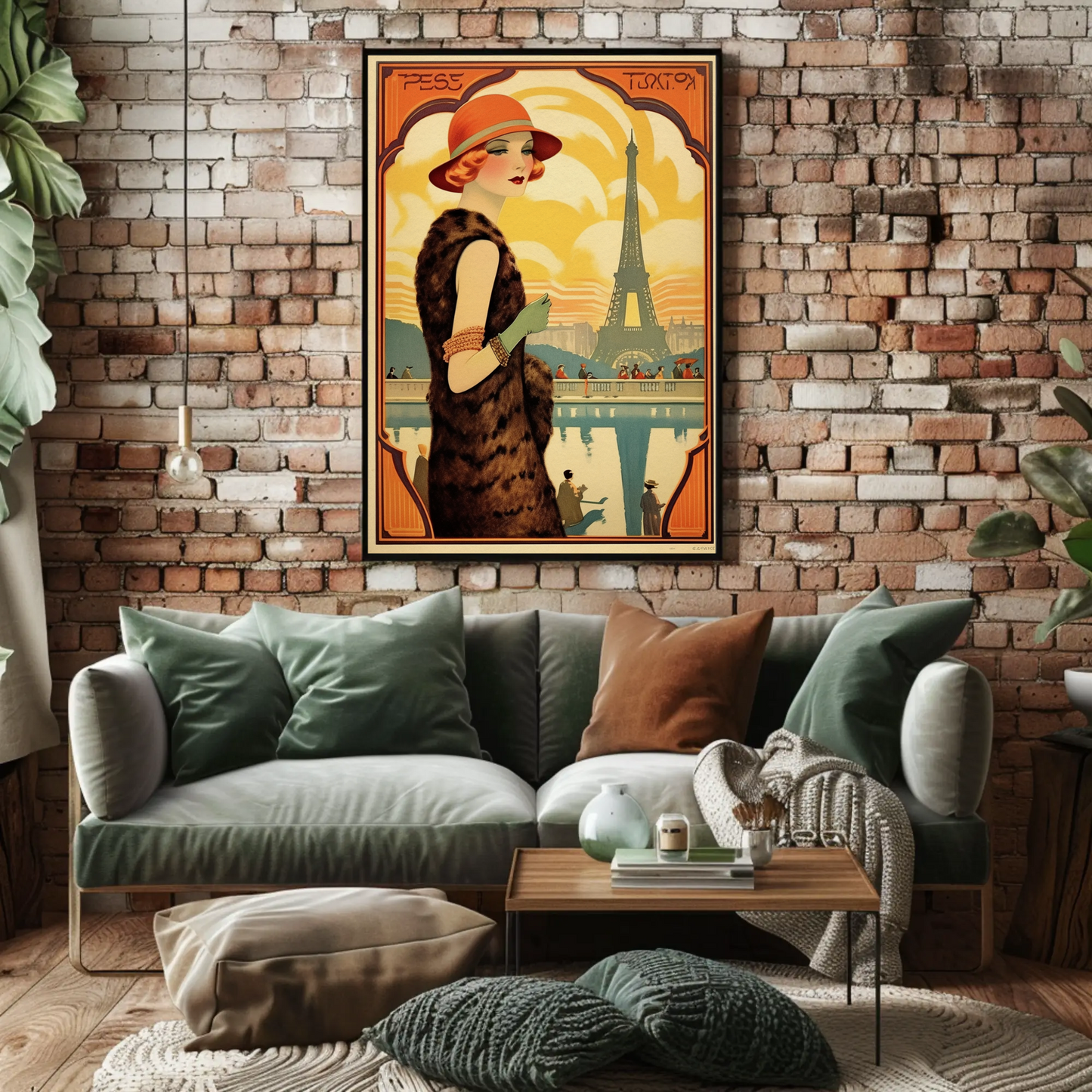 Paris Eiffel Tower Art Deco Lady Fashion Travel Poster