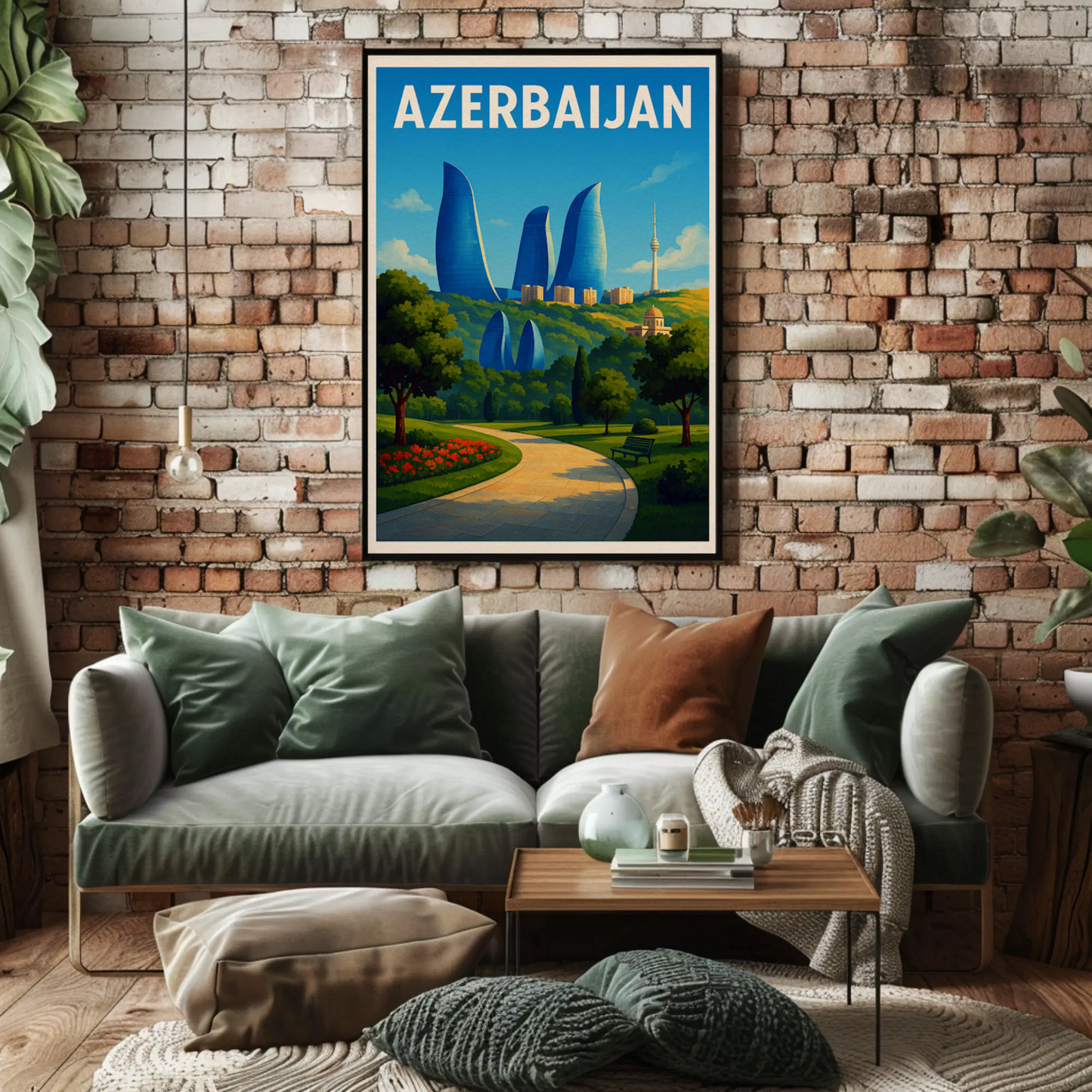 Azerbaijan Baku Flame Towers Park Path Travel Poster