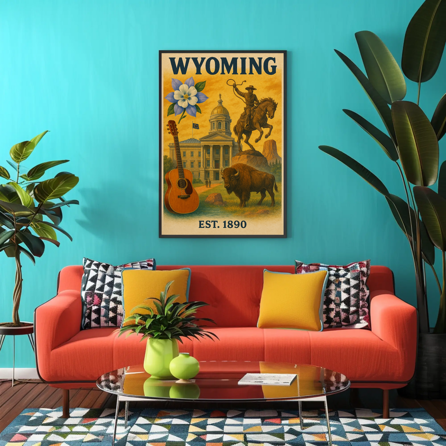 Wyoming Capitol Rodeo Guitar Bison Flower Vintage Travel Poster