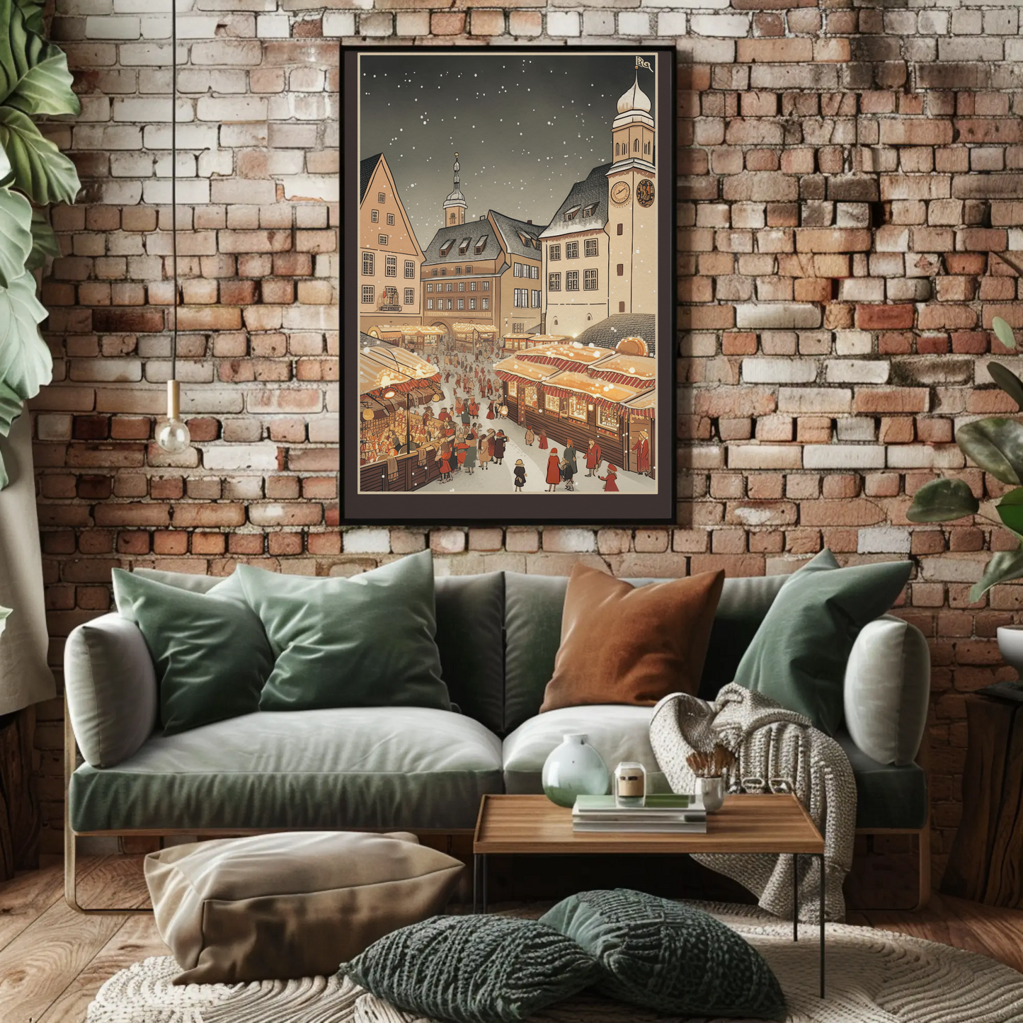 German Christmas Market Festive Winter Town Travel Poster
