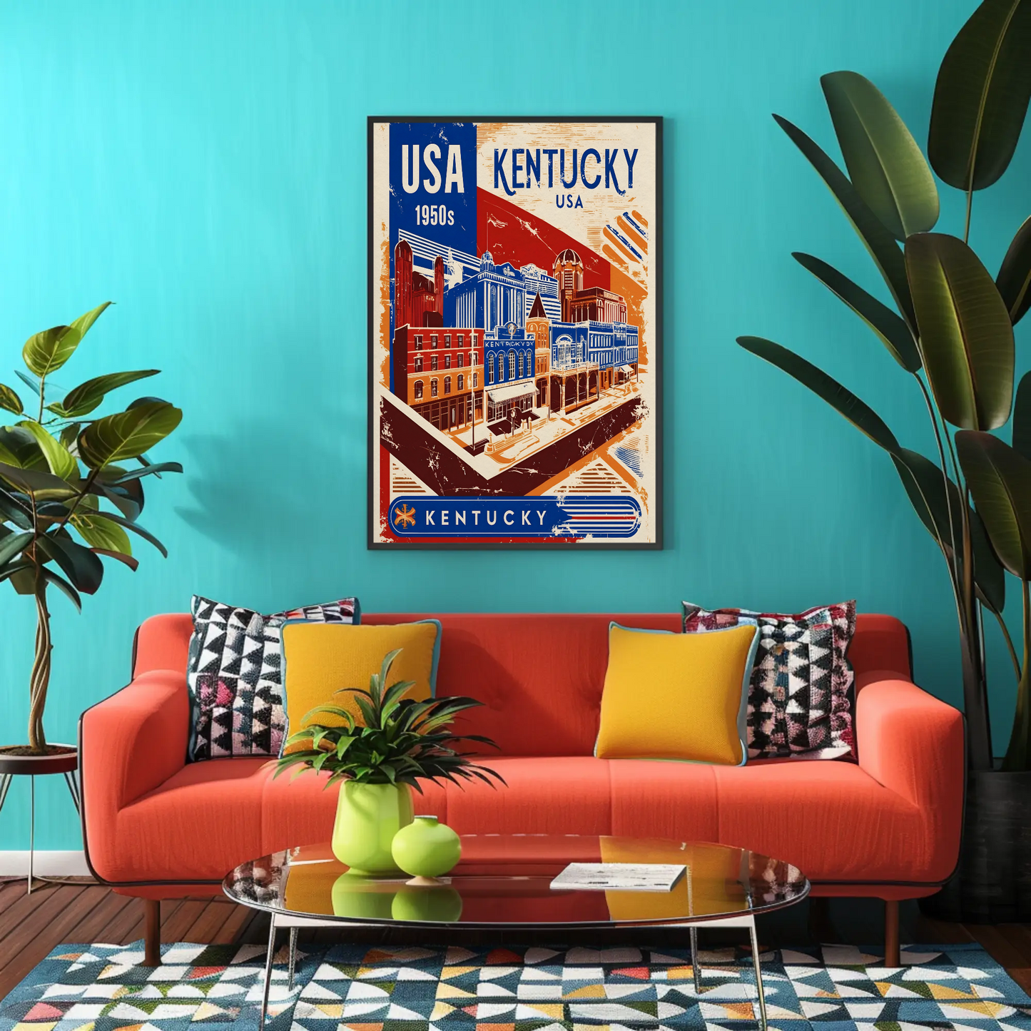 Kentucky USA 1950s Downtown Streets Vintage Maroon Travel Poster