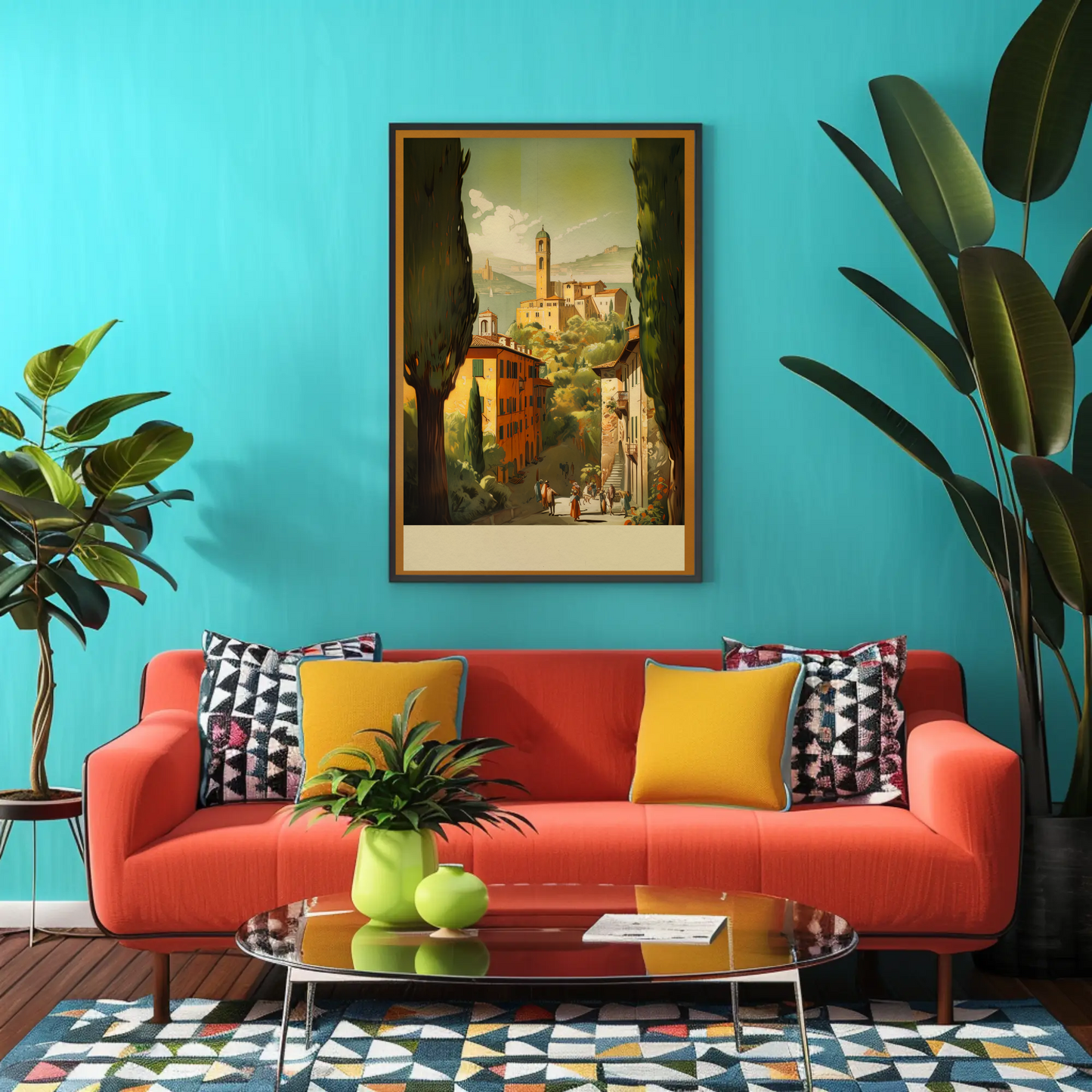 Italy Countryside Village Tower Hillside Vintage Travel Poster
