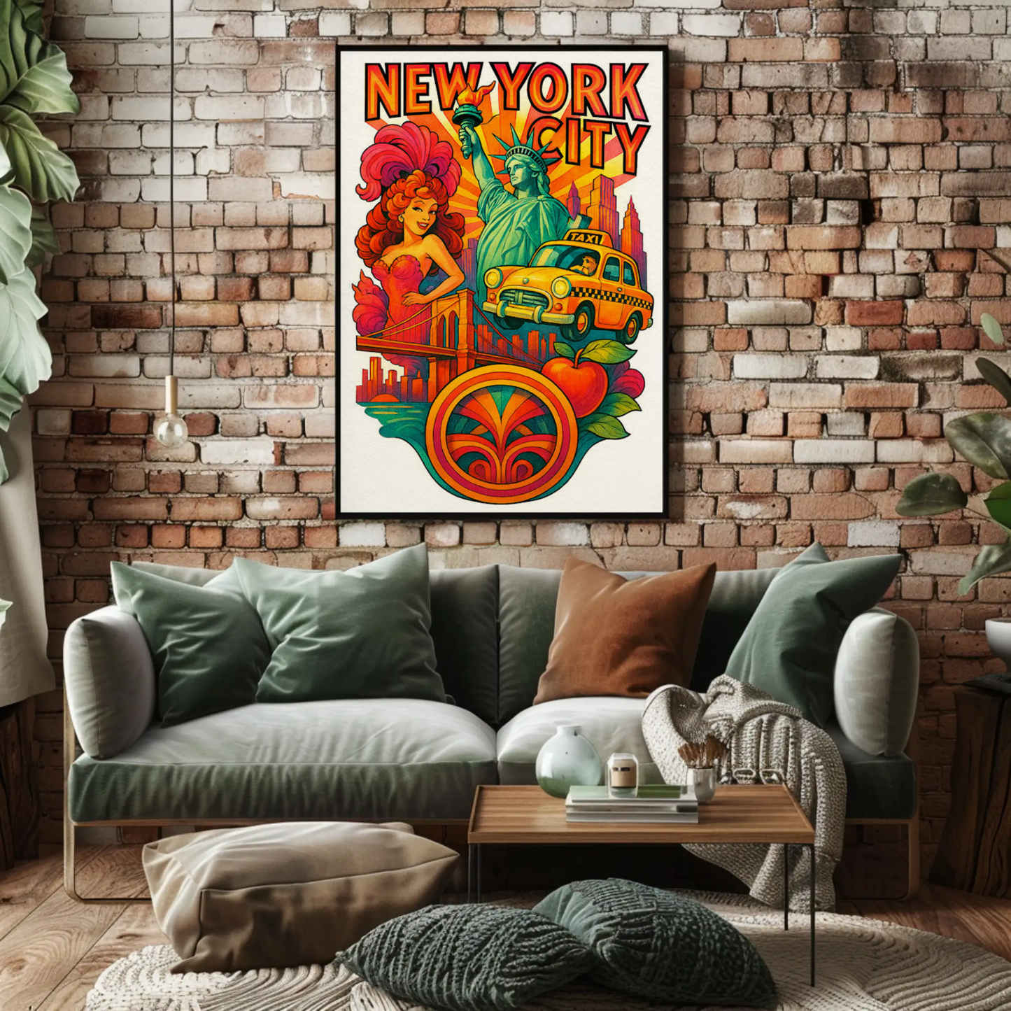 New York City Statue Brooklyn Bridge Vintage Taxi Travel Poster