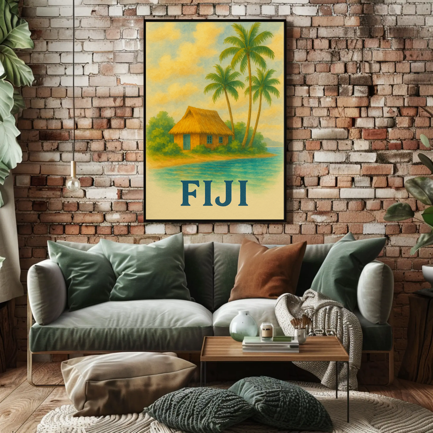 Fiji Tropical Hut Coastline Travel Poster