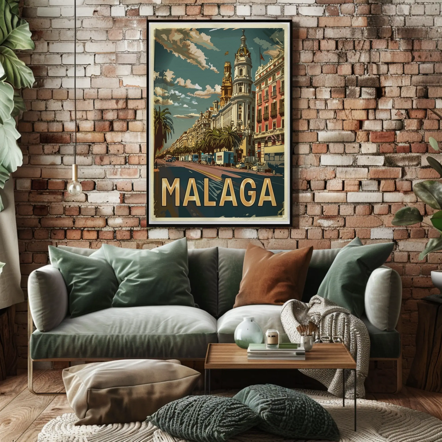Malaga Urban Cityscape with Palm-Lined Boulevard Travel Poster