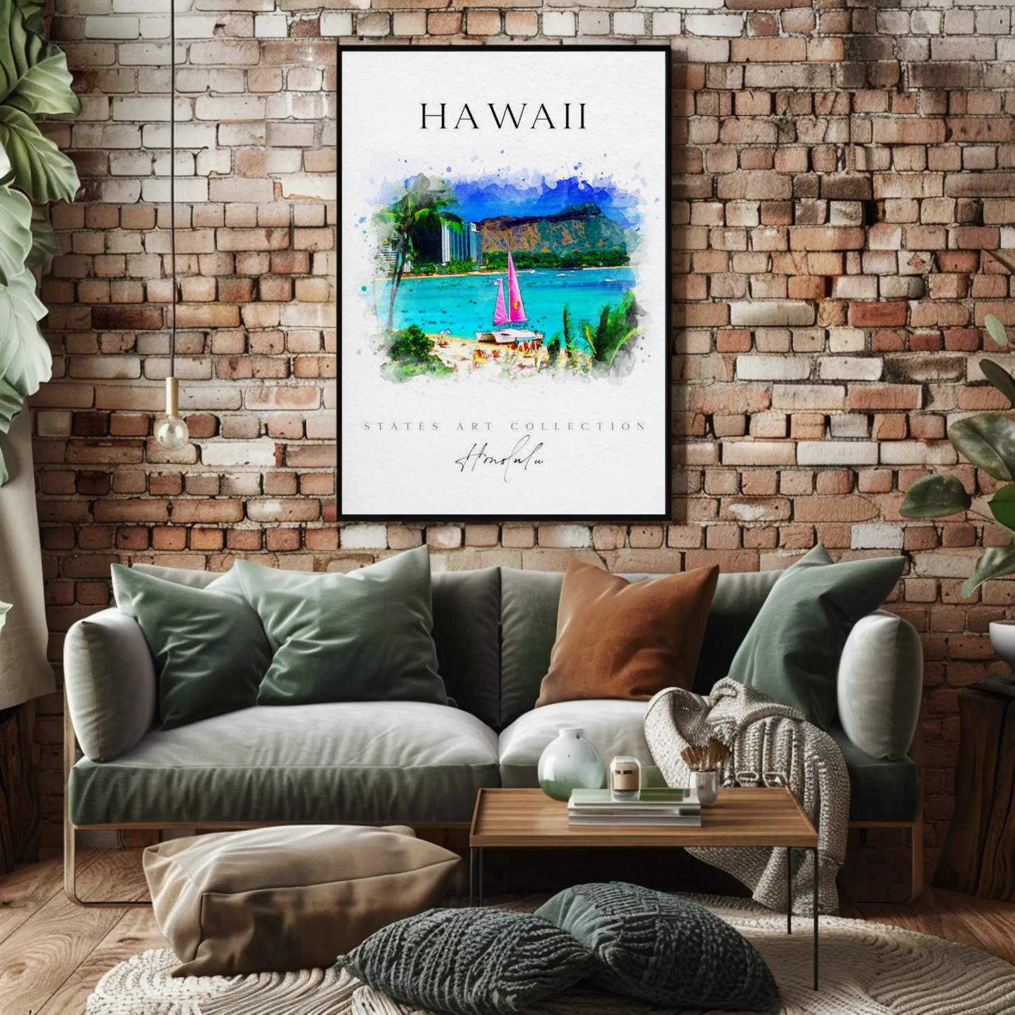 Hawaii Honolulu Sailboat Watercolor Skyline Poster