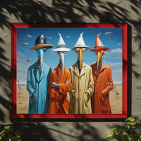 Surreal Characters in Elongated Beak Masks: Artistic Poster
