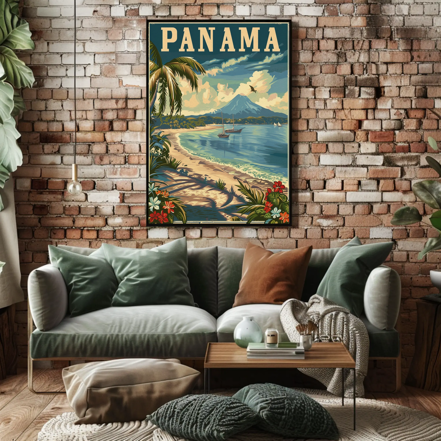 Panama Beach Volcano Sailboats Paradise Travel Poster