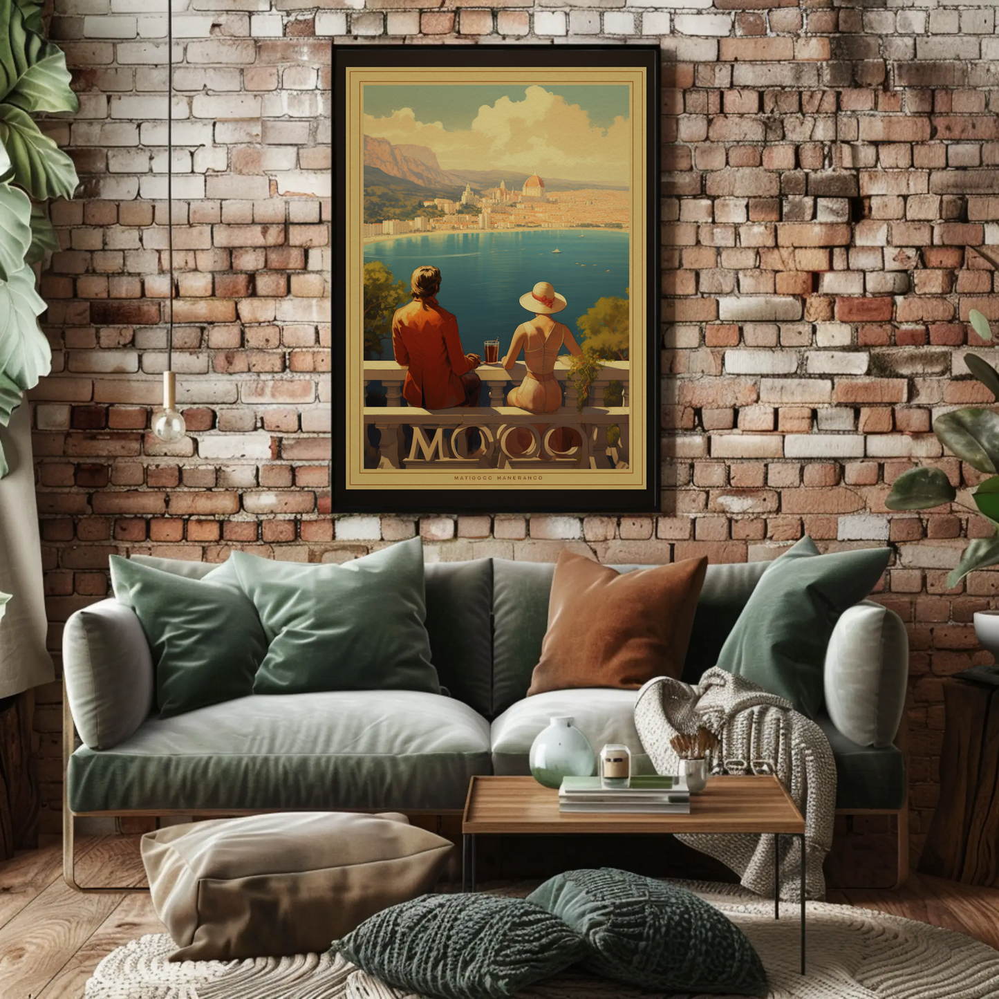 Romantic Coastal City Balcony Couple View Sunset Travel Poster