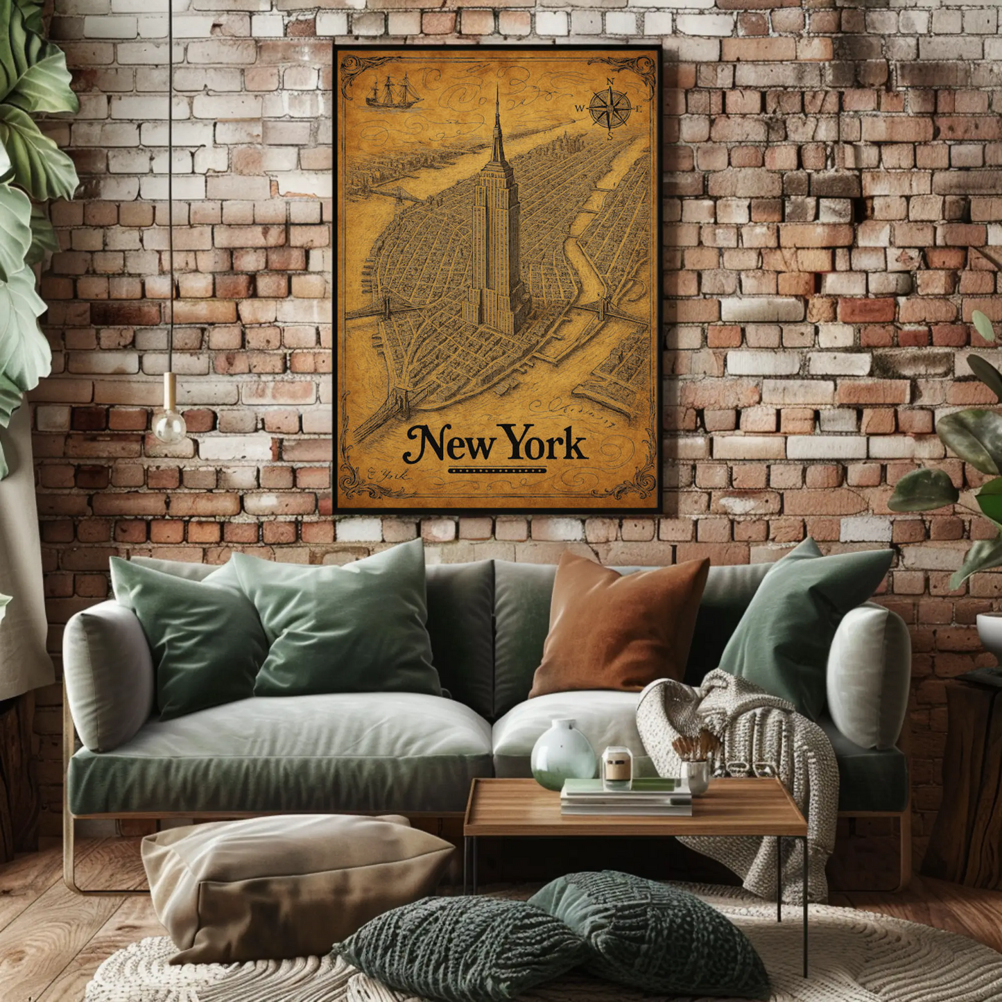 New York Empire State Historic Map Detailed Aerial Travel Poster