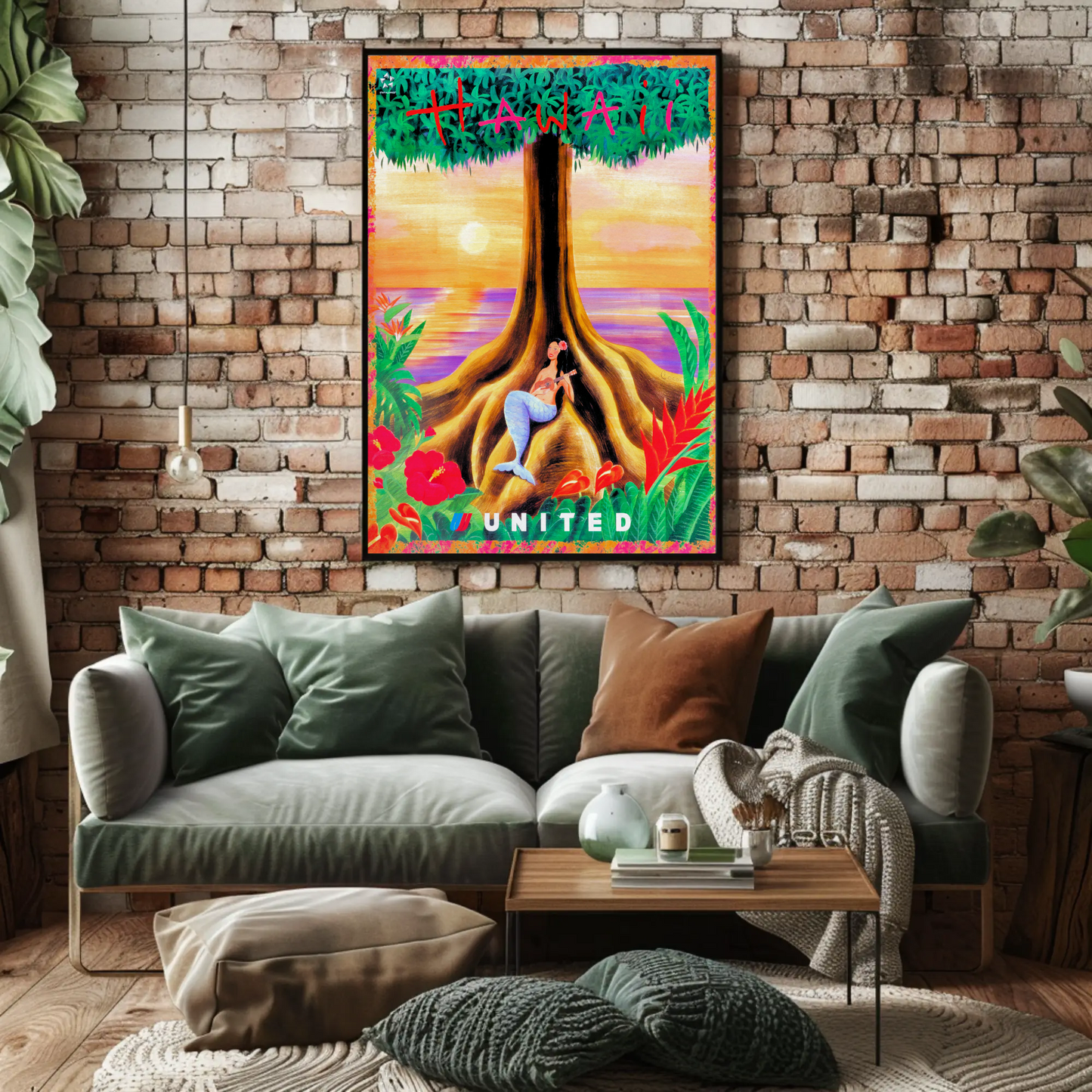 Hawaii Mermaid Tree Sunset United Travel Poster