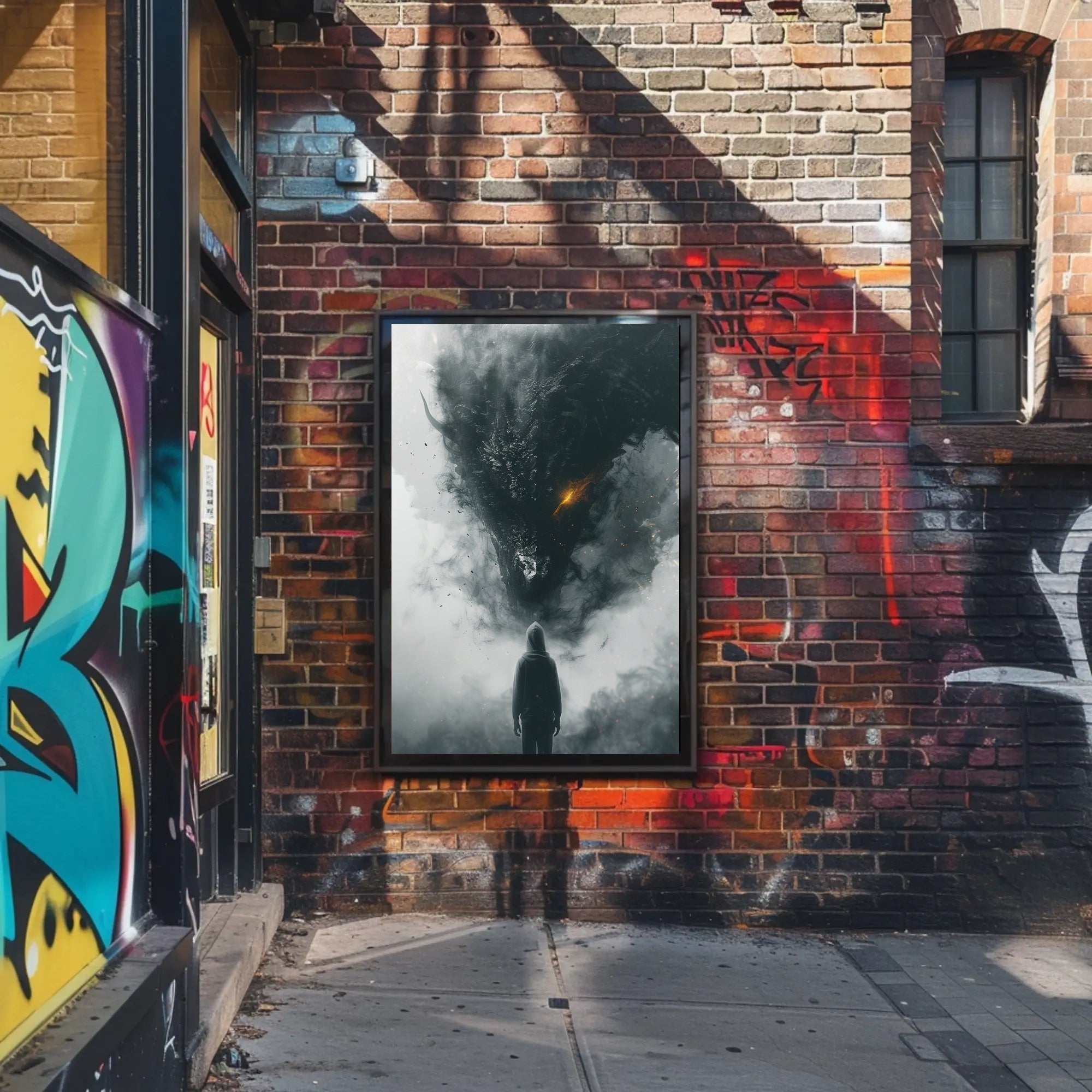 Dragon Confrontation: Dark Fantasy Art Poster PosterGoat