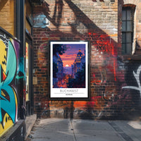 Bucharest Evening Street Scene at Sunset Travel Poster