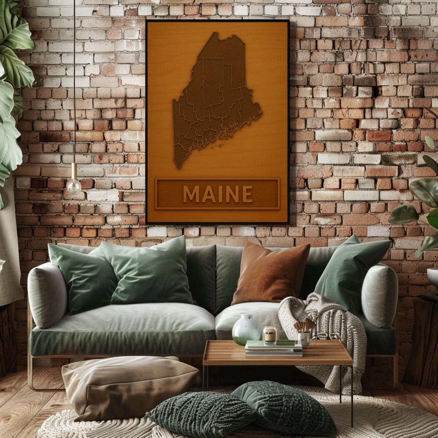Maine Wooden Engraved State Outline Vintage Travel Poster