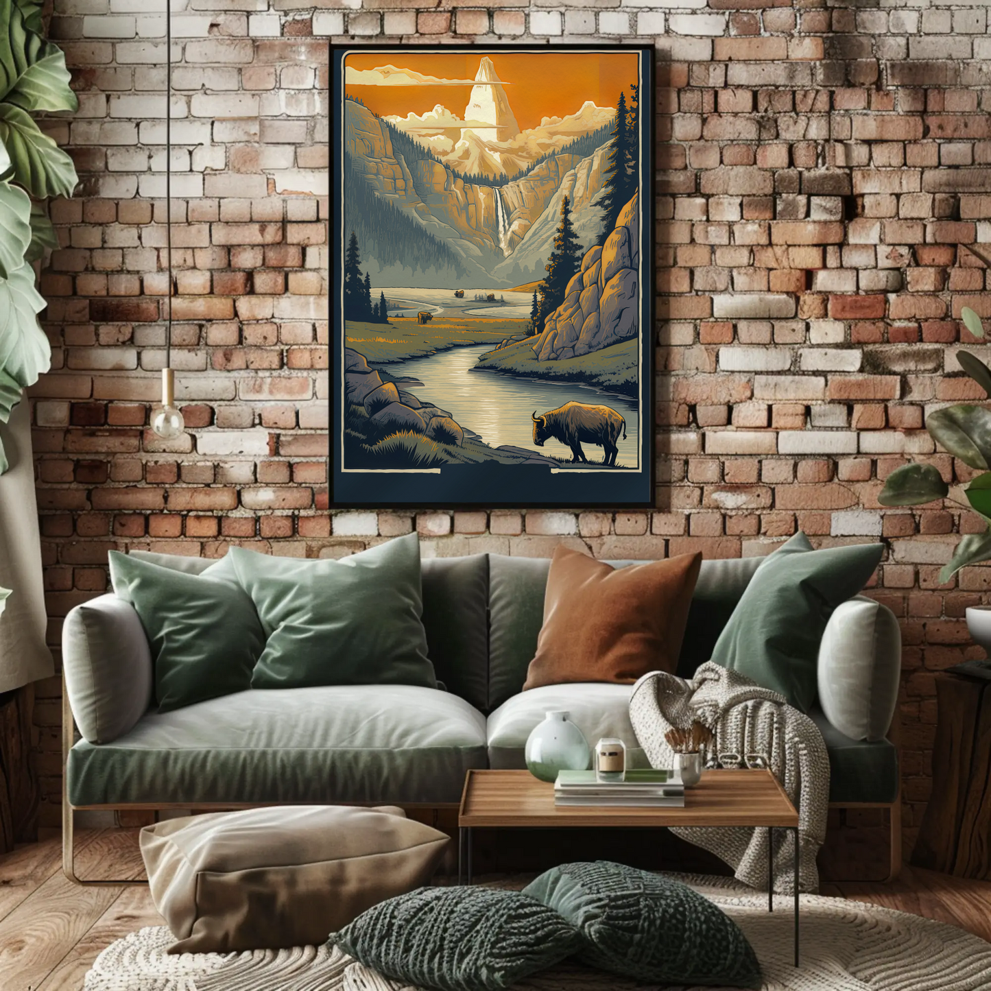 Mountain Valley Yellowstone Bison Scene Travel Poster