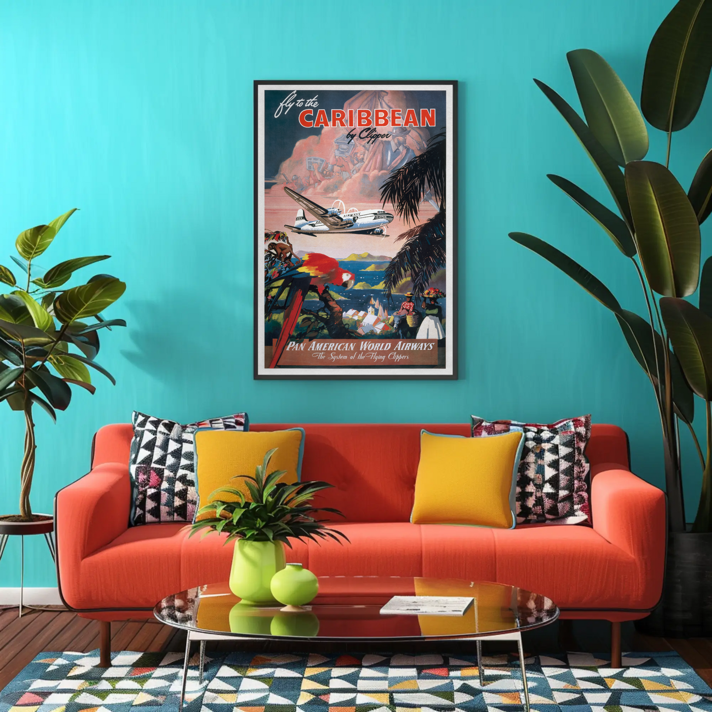 1940s Fly to the Caribbean Vintage Style Tropical Travel Poster