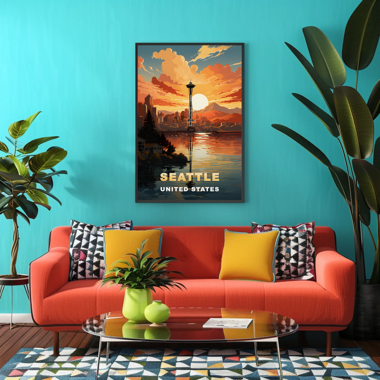 Seattle Washington Space Needle Sunset Vintage Travel Poster