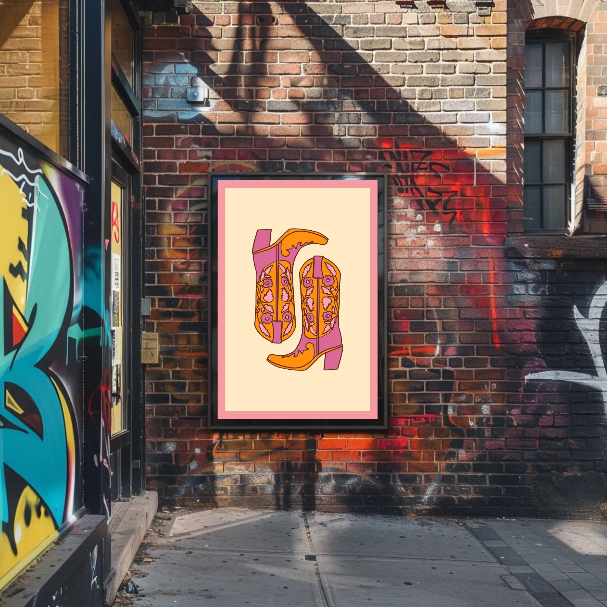 Stylized Cowboy Boots Retro Pop Culture Poster PosterGoat