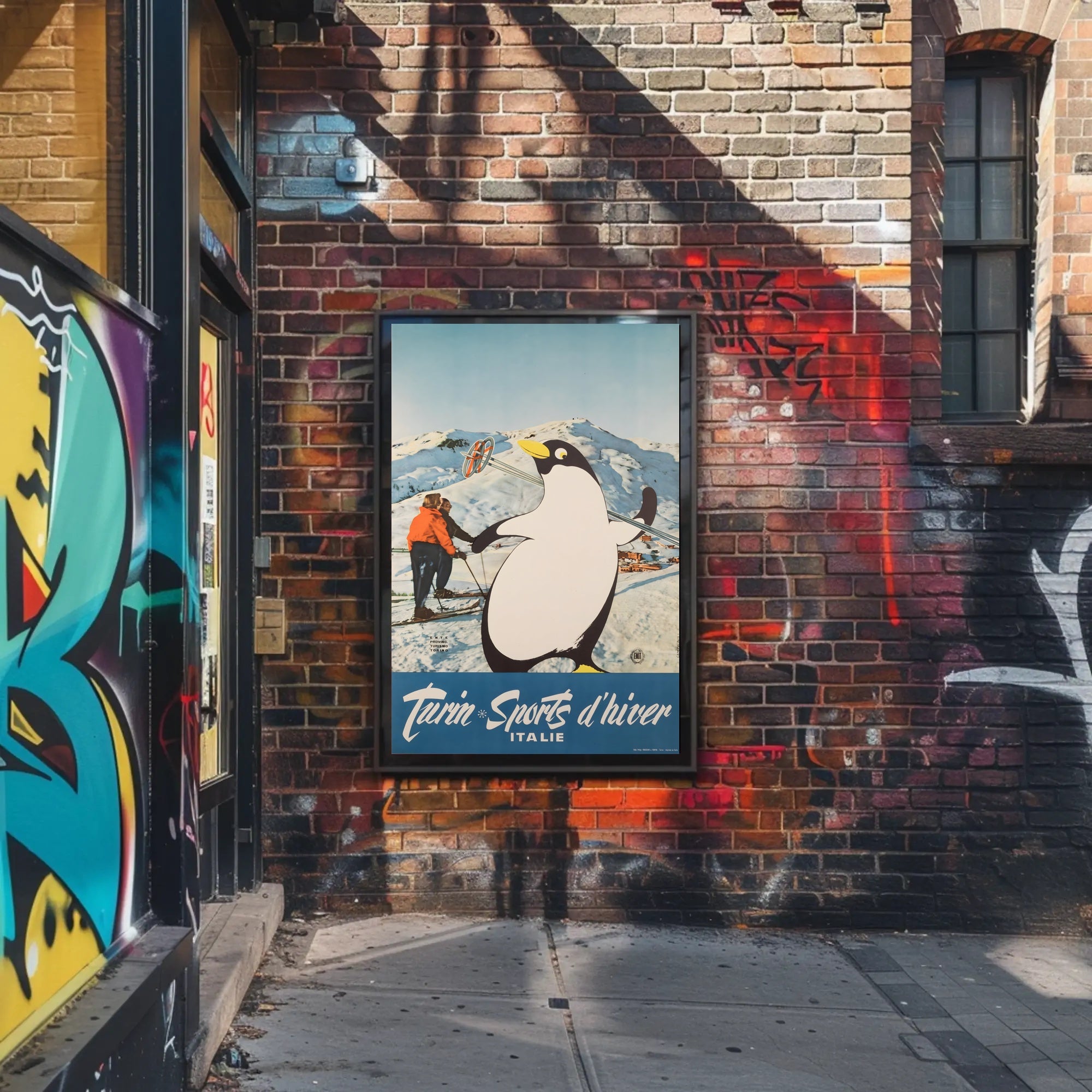 Winter Sports Fun Poster with Playful Penguin: Travel Poster PosterGoat