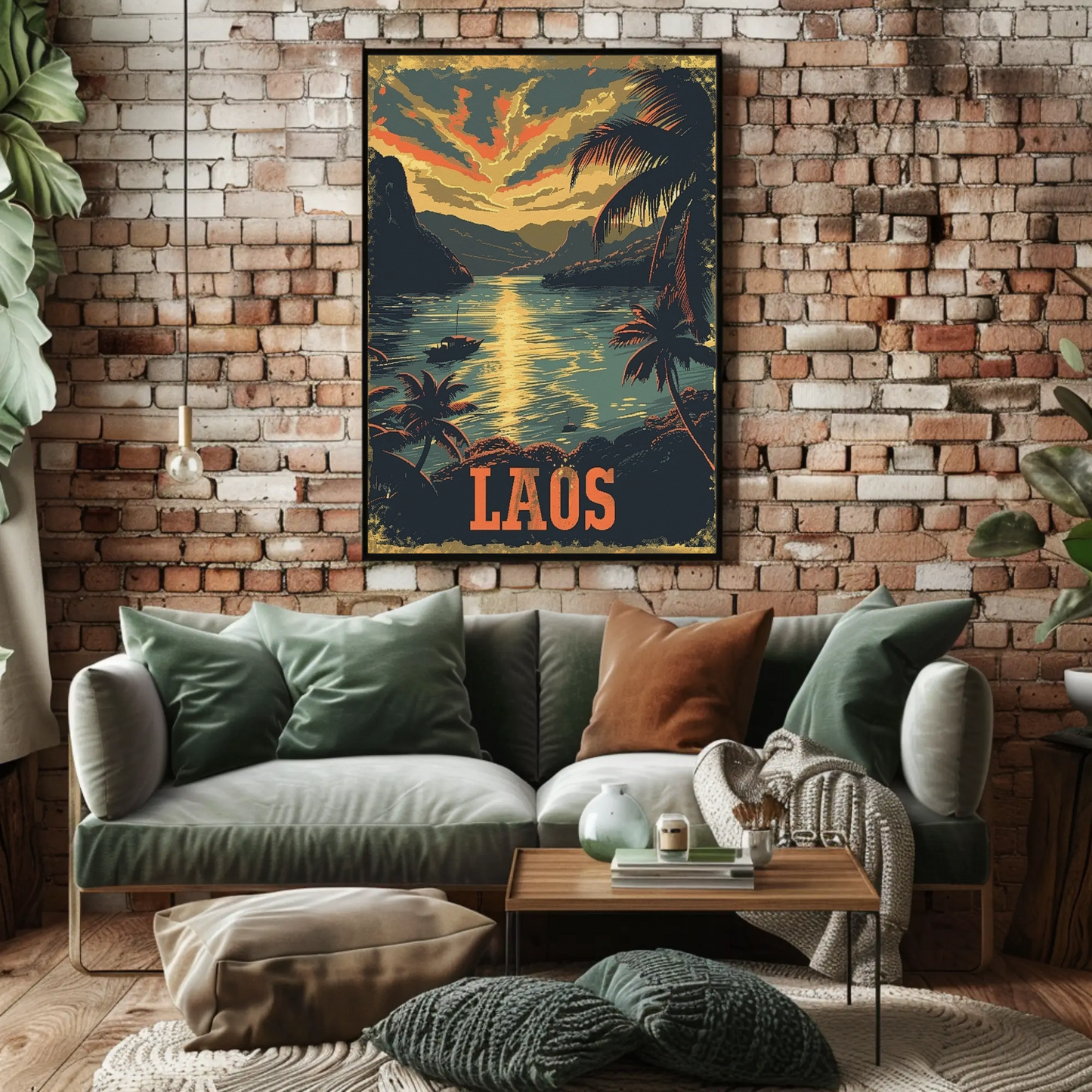 Laos River Sunset Palm Trees Landscape Travel Poster