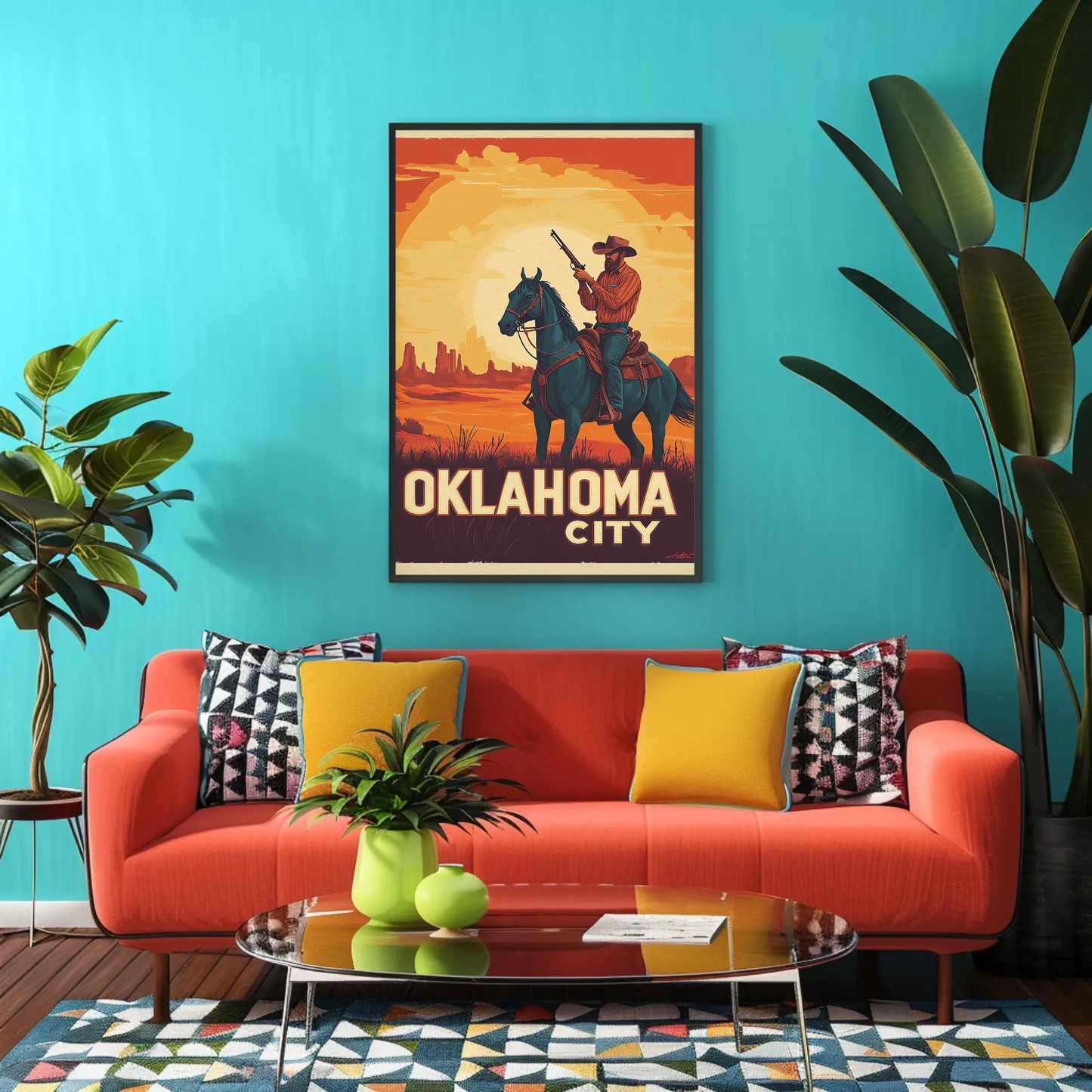 Oklahoma City Vintage Poster - Cowboy Sunset