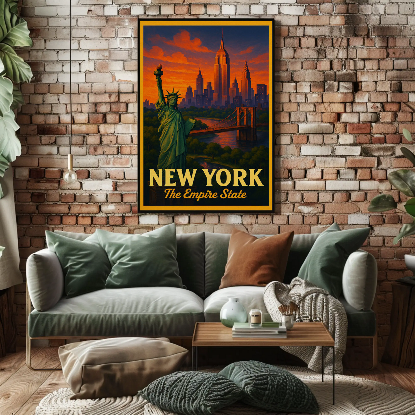 New York Empire State Liberty Brooklyn Bridge Sunset Travel Poster