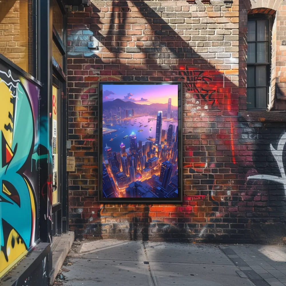 Futuristic Cityscape Poster: Neon Harbor at Dusk