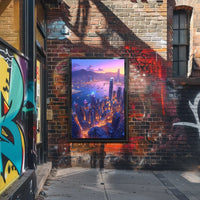 Futuristic Cityscape Poster: Neon Harbor at Dusk