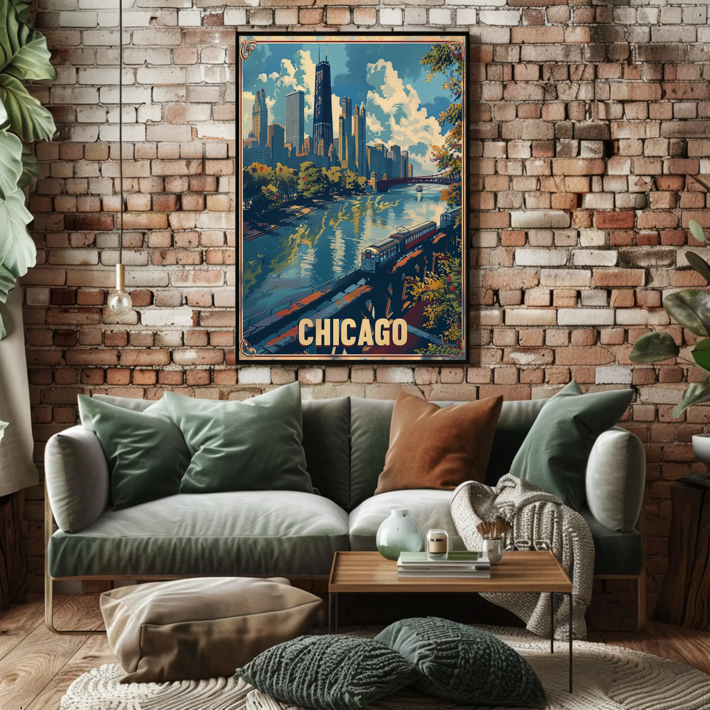 Chicago Train City Buildings Waterfront Skyline Travel Poster