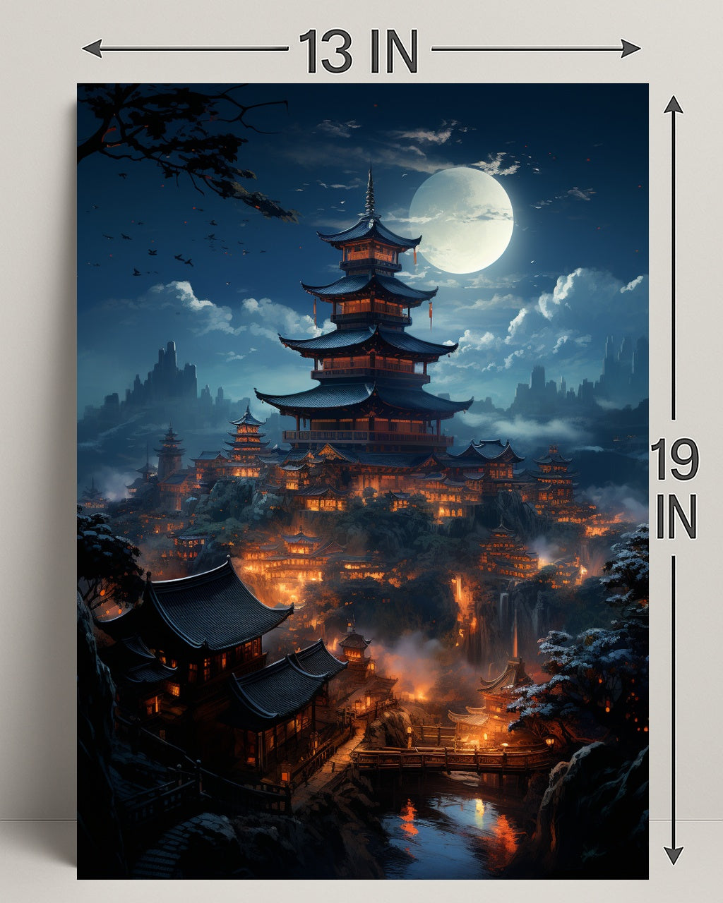 Moonlit Pagoda Village Poster