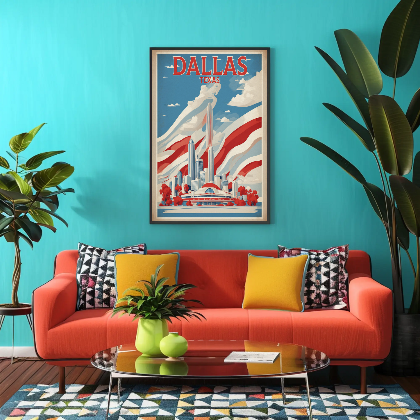Dallas Texas Skyline Red White Blue Vintage Travel Poster