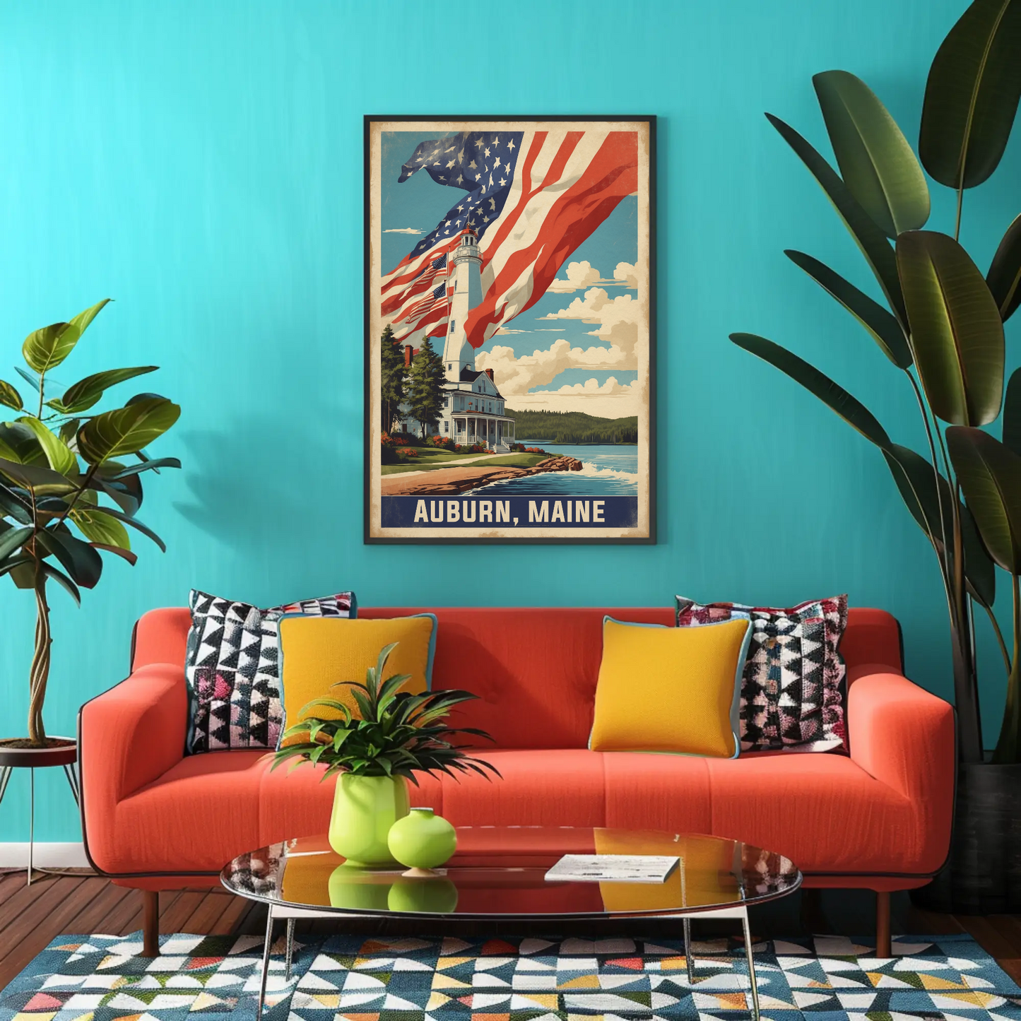 Auburn Maine Lighthouse Coastal Home Vintage Travel Poster