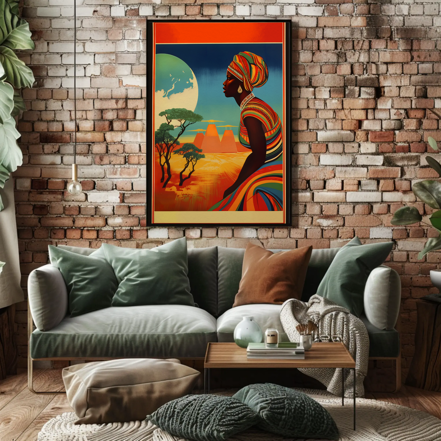 African Woman Desert Moon Landscape Travel Poster