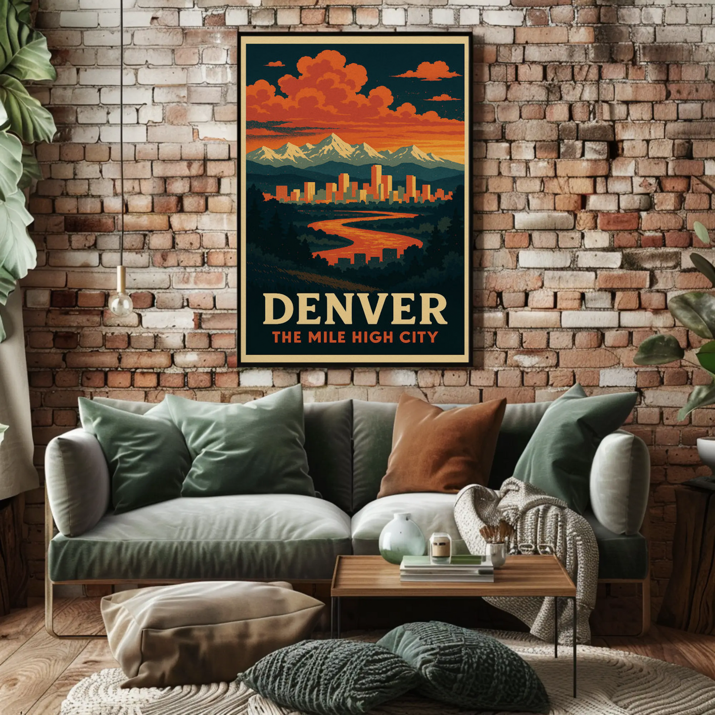 Denver Colorado Sunset Skyline Mountains Travel Poster