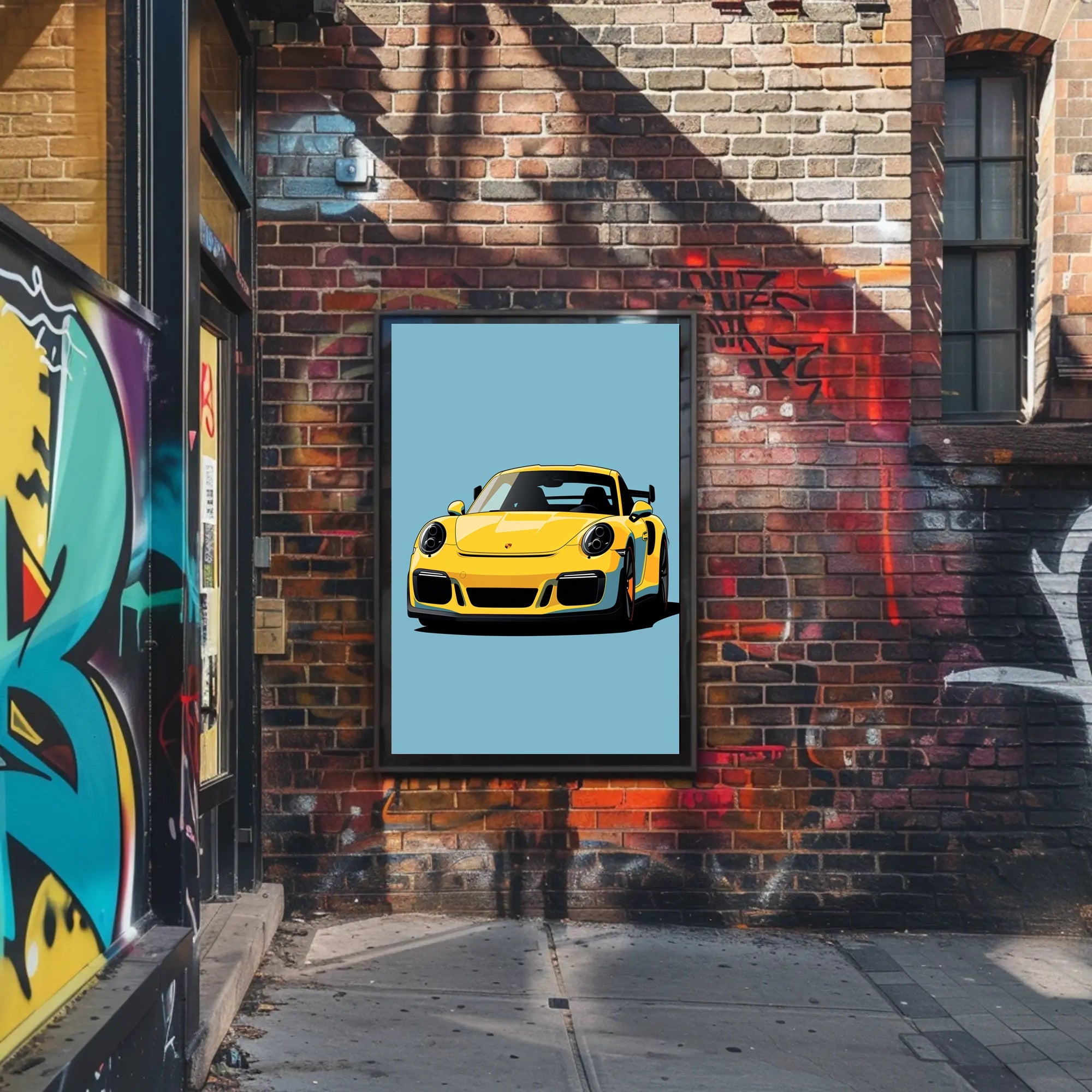 Vibrant Yellow Sports Car Illustration Poster PosterGoat