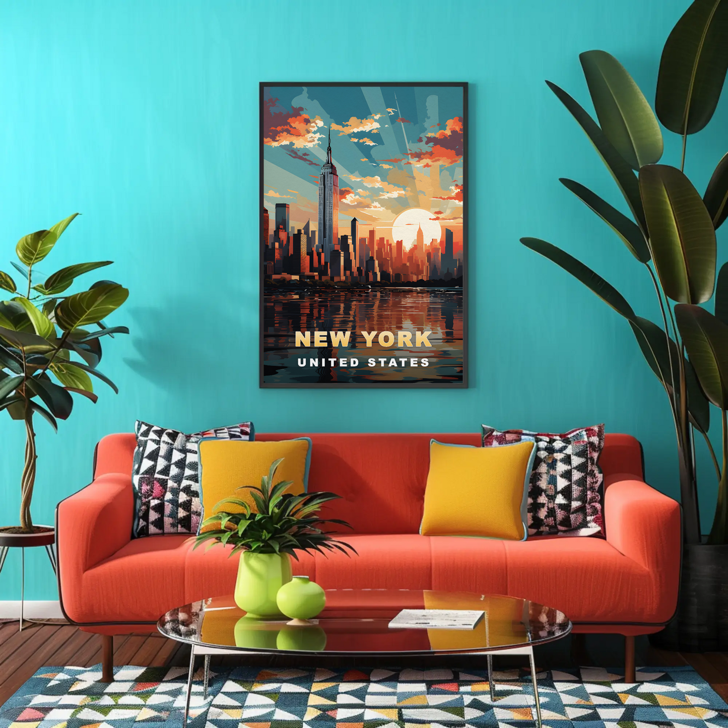 New York City Empire Sunset Reflection Vintage Travel Poster