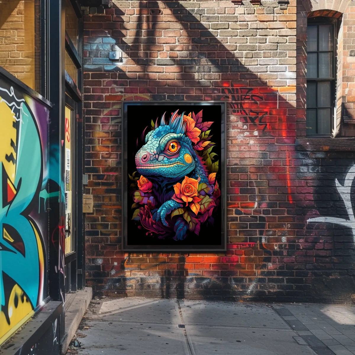 Vibrant Iguana With Roses Poster