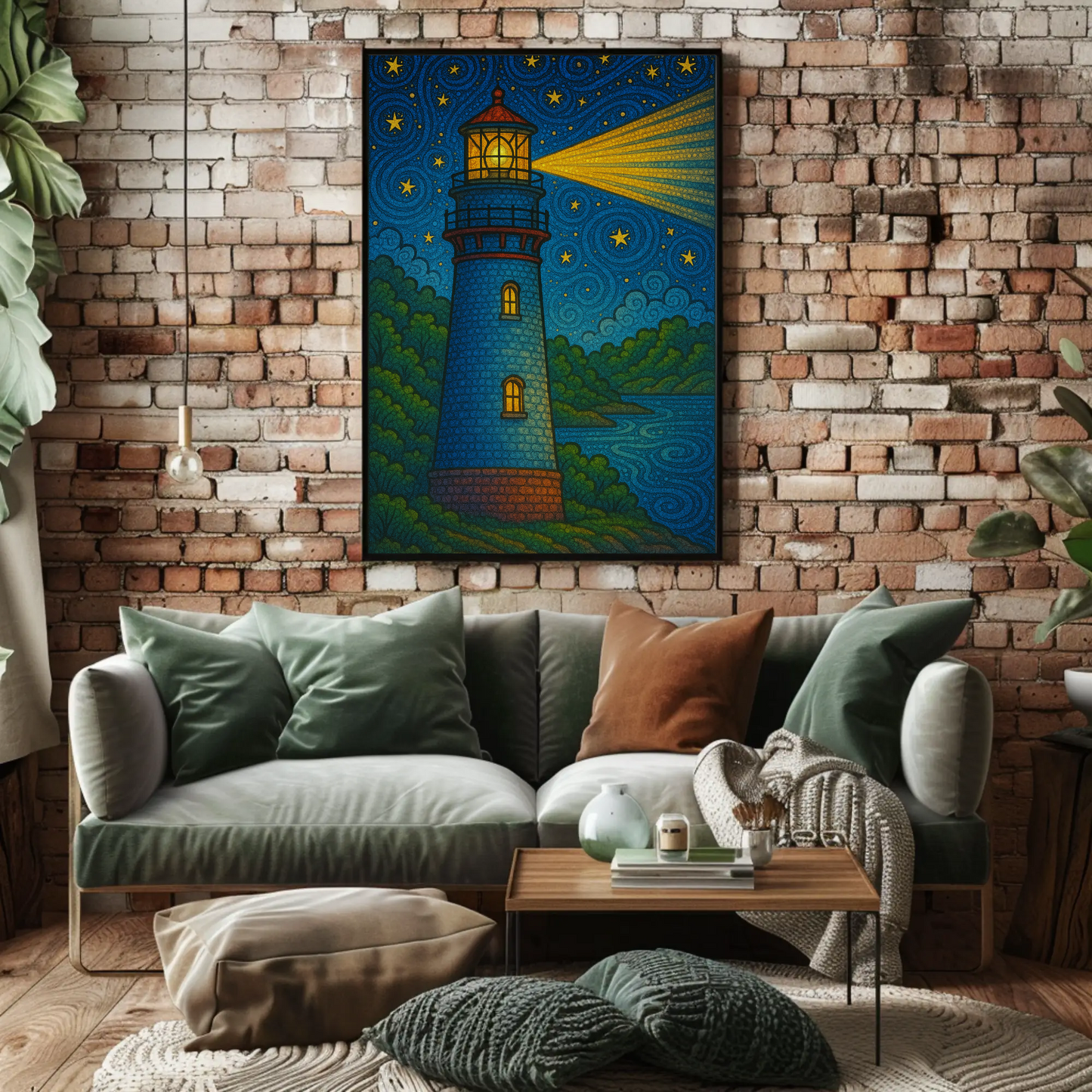 Lighthouse Night Stars Ocean Beacon Illustration Travel Poster