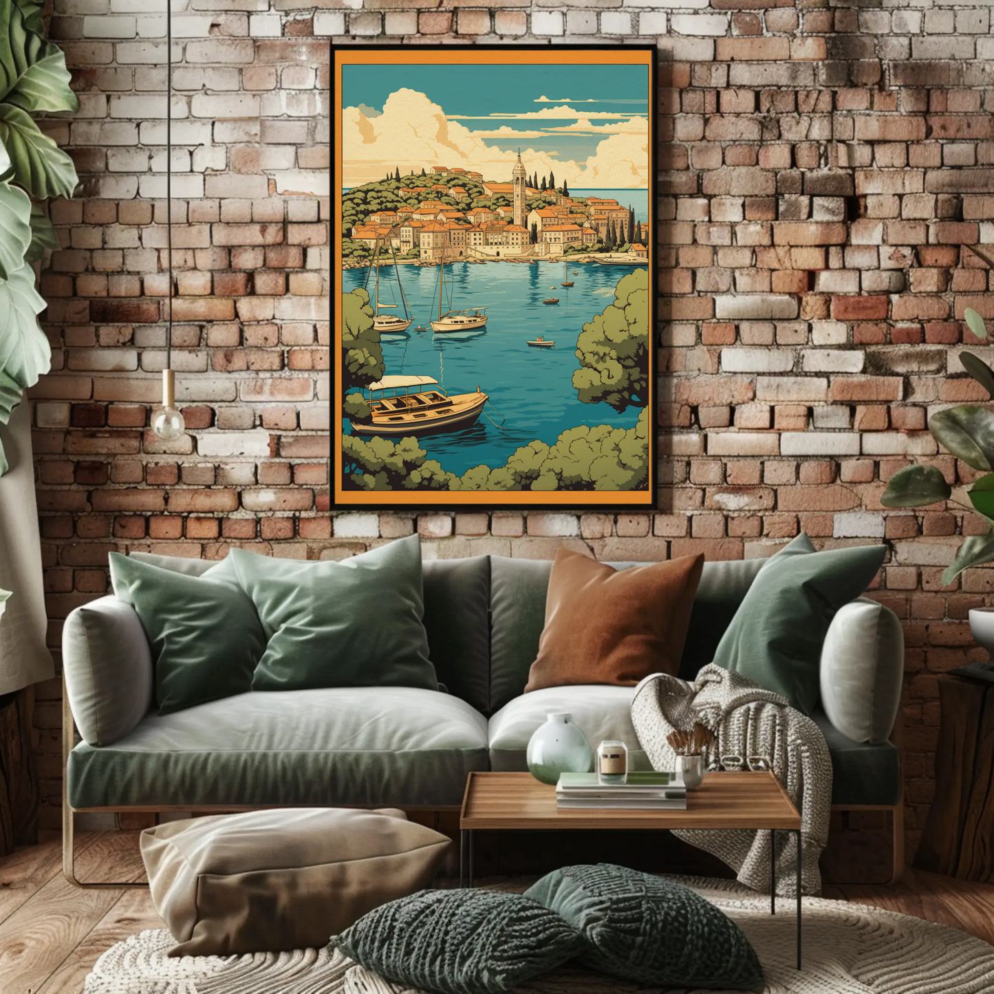 Coastal Mediterranean Village Boats Scenic Bay Travel Poster
