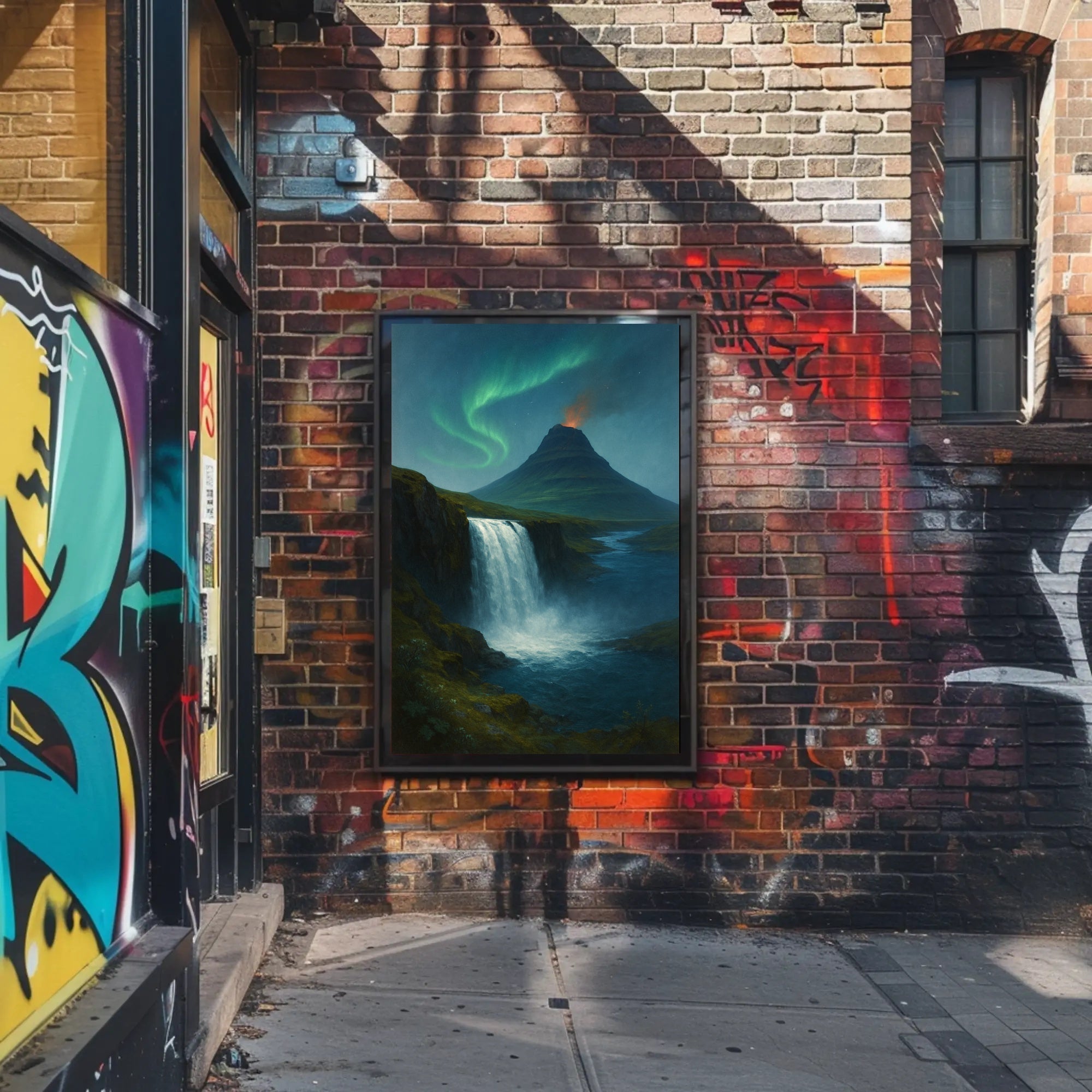 Icelandic Waterfall Under Aurora Borealis National Park Poster