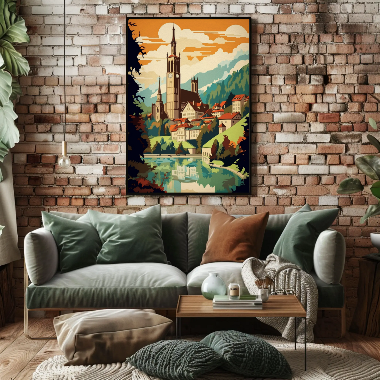 Alpine Village Church Tower Mountain View Travel Poster