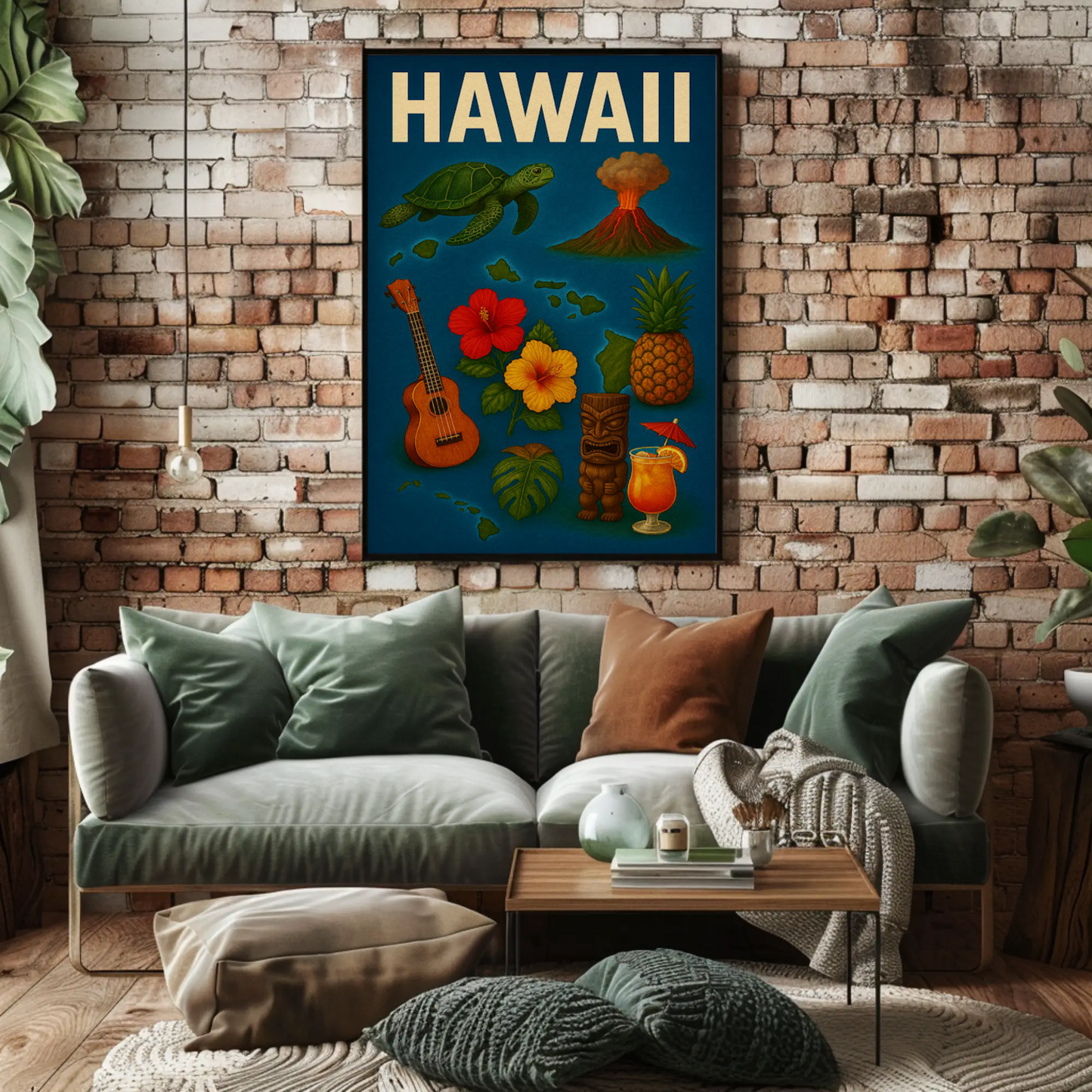 Hawaii Island Symbols Vintage Travel Poster