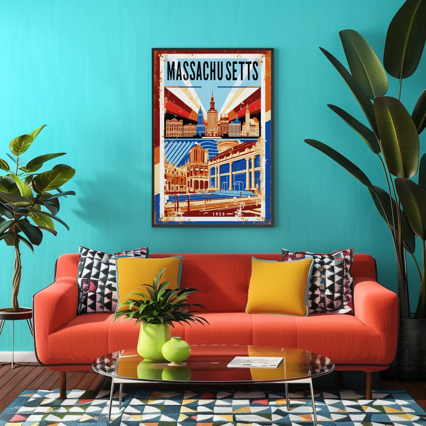 Massachusetts USA 1950 Capitol Skyline Vintage Travel Poster