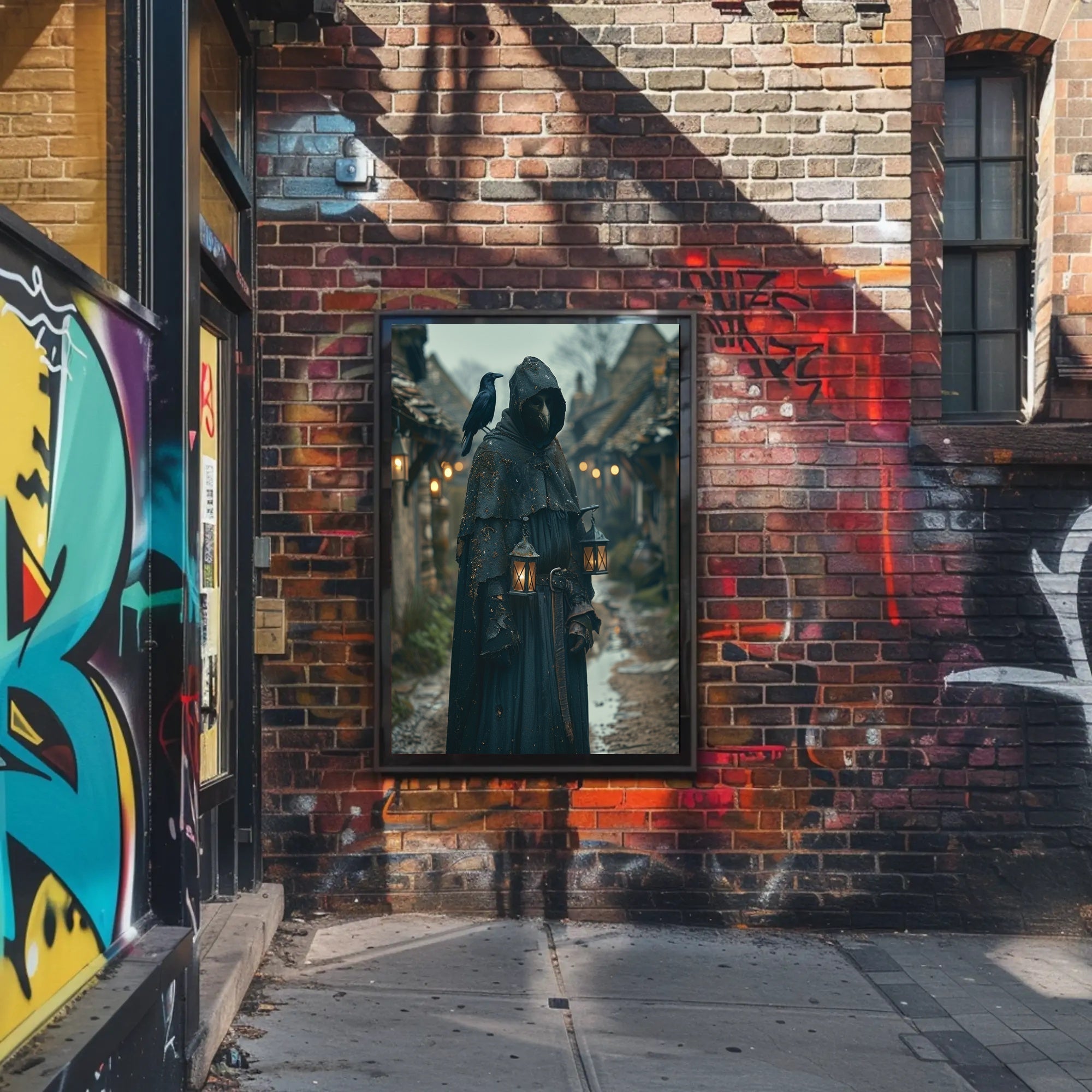 Mysterious Medieval Village Artwork with Plague Doctor Fantasy Poster PosterGoat